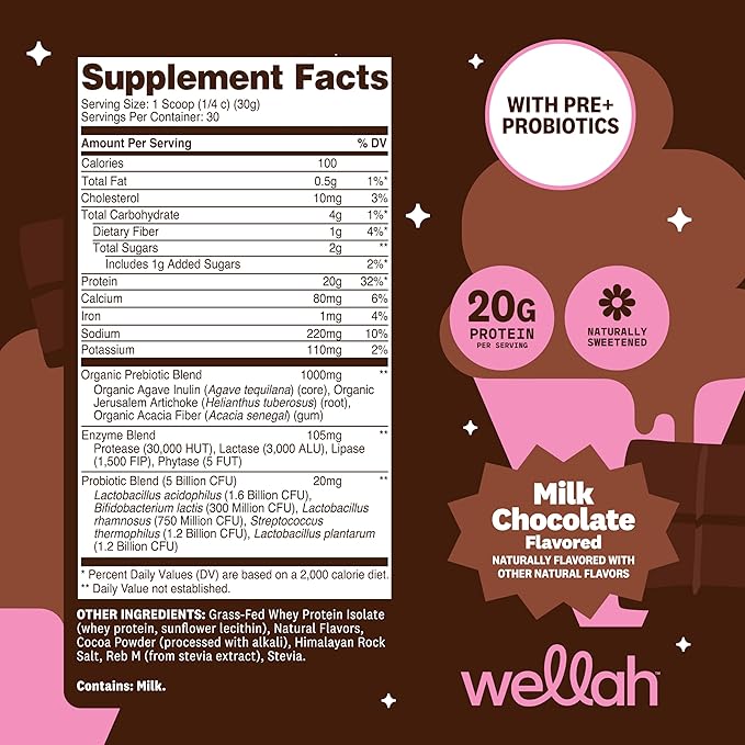 Wellah Grass-Fed Whey Protein Isolate Powder (Milk Chocolate) 30 Servings - with Prebiotics Enzymes &amp Probiotics 20g of Protein 100 Calories Naturally Sweetened