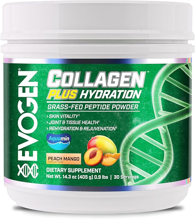 Evogen Collagen Plus Hydration - Grass-Fed Collagen for Women &amp Men | Collagen Peptides Powder | Collagen Powder Supporting Skin Vitality Hydration Joint &amp Tissue Health | Peach Mango | 30 S