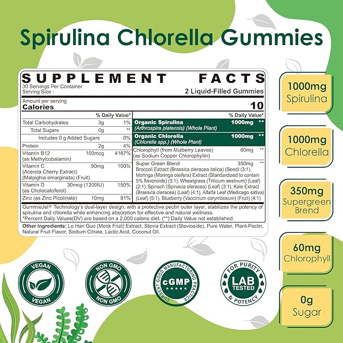 Sugar Free Organic Spirulina Chlorella Gummies 1 Pack + GABA Gummies 2 Pack