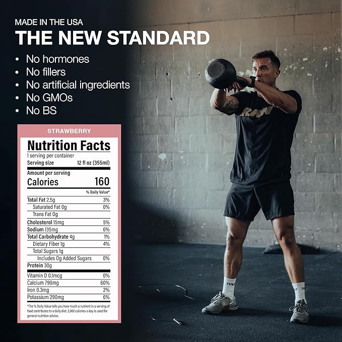 RAW Ready-to-Drink Protein Shake Strawberry - RTD Protein Drinks with Grass-Fed Whey Protein Isolate for Post-Workout - Zero-Sugar &amp Gluten-Free Meal Replacement Drink &amp Breakfast Shake 12 F