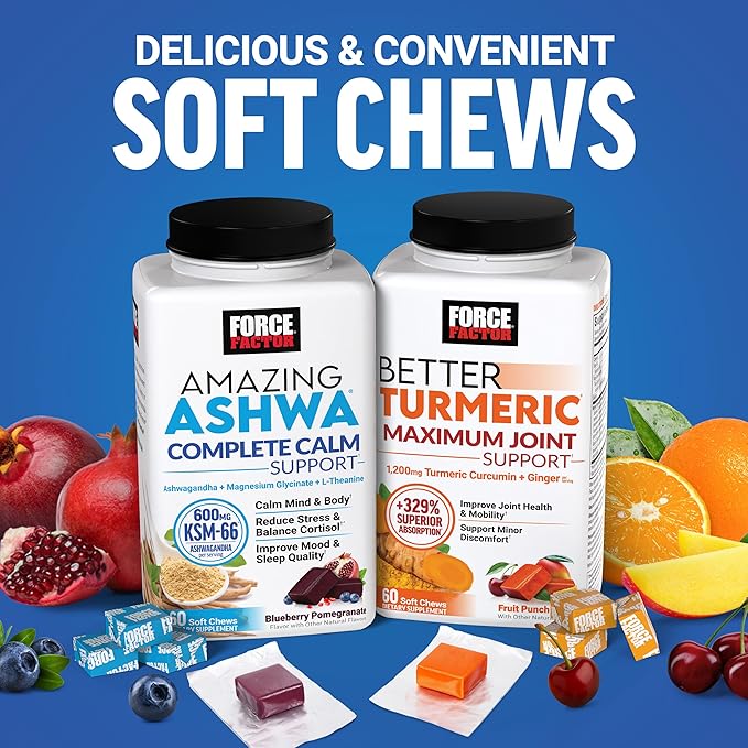 Force Factor Better Turmeric Maximum Joint Support 1075mg Curcumin Amazing Ashwa Complete Calm Support with KSM-66 Ashwagandha 120 Soft Chews