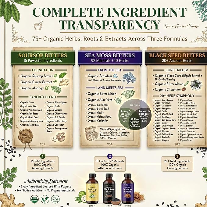 Organic Soursop Bitters Black Seed Bitters and Sea Moss Bitters - Natural and Vegan Blend for Vitality &amp Wellness - Pack of Three 16-Ounce Bottles