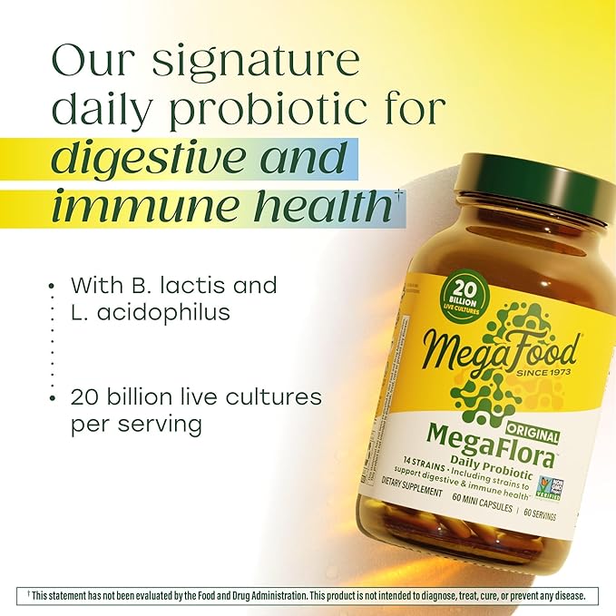 MegaFood MegaFlora Probiotic - Probiotics for Women Digestive Health - Immune Support Supplement - 20 Billion CFU - 14 Strains - Non-GMO - Vegetarian - 90 Mini Capsules (90 Servings)