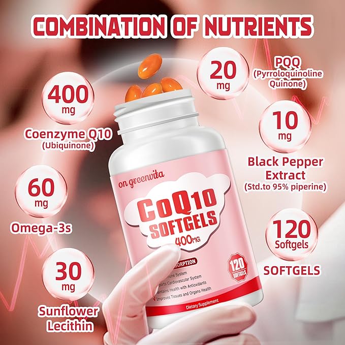 CoQ10-400mg-Softgels with PQQ BioPerine &amp Omega-3 Coenzyme Q10(Ubiquinone) Supplement for High-Absorption Powerful-Antioxidant Support Heart &amp Energy-Production 120 Servings
