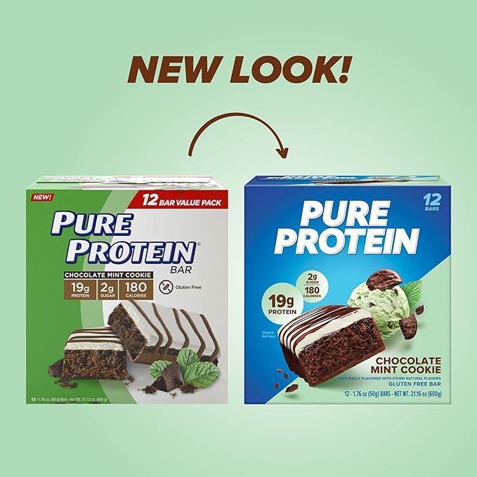 Pure Protein Bars Bundle with Chocolate Mint Cookie (19g Protein 12 Count) and Chewy Chocolate Chip (20g Protein 12 Count)