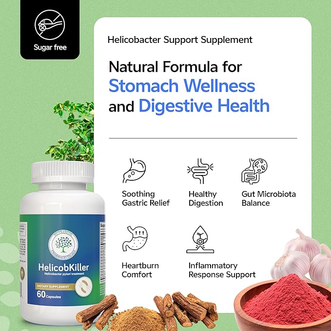 HELICOBKILLER - Natural Digestive Support Supplement with 60 Capsules | Fights Helicobacter Pylori Supports Digestive System &amp Gut Microbiota