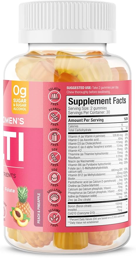SUKU Vitamins - Complete Women's Multi - with Boron Vitamin K2 B12 A and More for Women Health - Easy to Chew - Non GMO Gluten Sugar Free - Pineapple &amp Peach Flavored Gummy Vitamins 60 Count