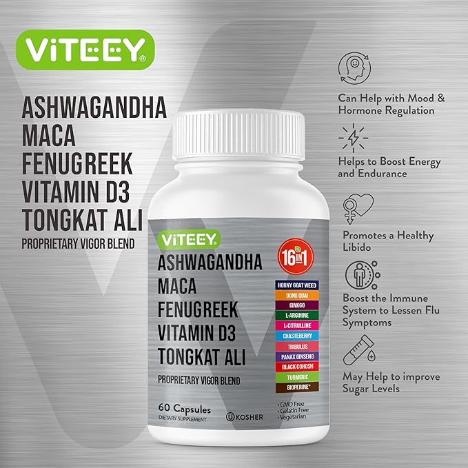 Viteey Ashwagandha Maca Fenugreek Supplement with Tongkat Ali – Drive Passion &amp Energy Support for Men &amp Women – Mood Calm &amp Stress Support - 60 Capsules