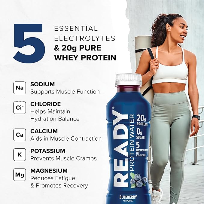 Ready® Clear Protein Water – 20g Whey Protein Isolate Zero Sugar Low-Calorie Sports Drink for Hydration &amp Recovery – Electrolytes Essential Amino Acids – Blueberry 16.9 fl oz Bottles (12-Pack)