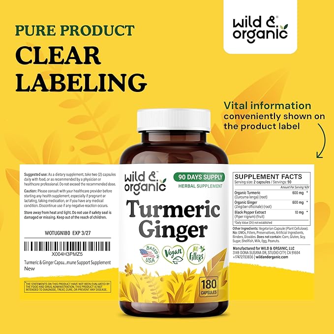 Wild &amp Organic Turmeric and Ginger Supplement Capsules - Mobility &amp Immune Support - Turmeric with Ginger and Black Pepper Capsules - 90 Days of Supply - Vegan No Fillers Non-GMO - 180 Count