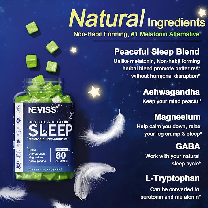 NEVISS Melatonin Free Sleep Aid Gummies for Adults - Magnesium Glycinate Gummies | GABA L-Tryptophan Magnesium Ashwagandha - Non-Habit Forming Help for Deep Relaxation - Vegan Lemon Flavor 2Pack