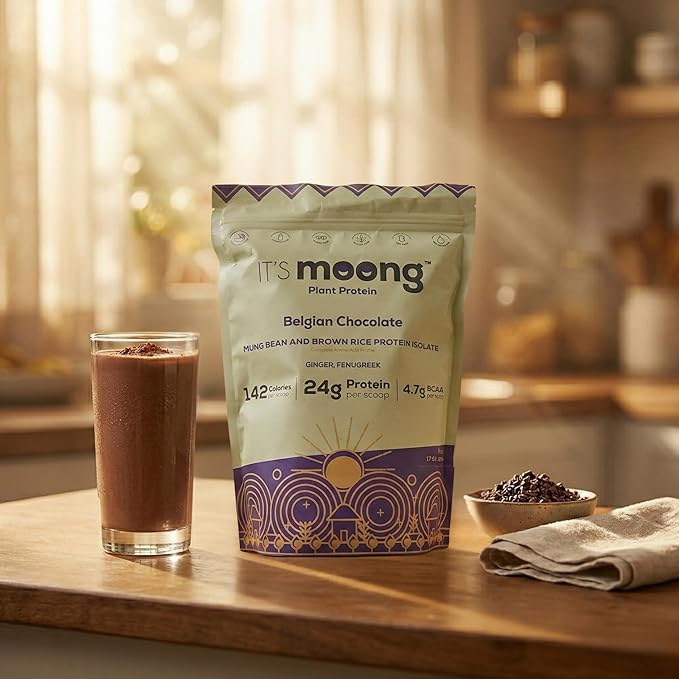It’s Moong Plant Protein Powder Belgian Chocolate | Mung Bean &amp Brown Rice Protein Isolate Ginger &amp Fenugreek 24g Protein &amp 4.7g BCAA | Vegan Gluten Free Dairy Free Sugar Free | 17.6
