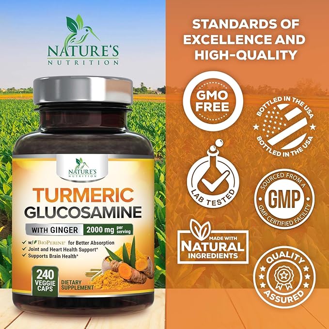 Turmeric Curcumin Supplement - 95% Curcuminoids with Glucosamine Ginger &amp MSM BioPerine Black Pepper Extract for Best Absorption Natural Vegan Joint Support Non-GMO Bottled in USA - 240 Capsu