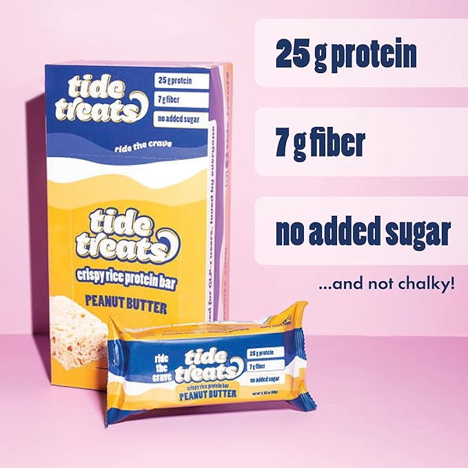 Crispy Rice Protein Treat Peanut Butter Bar | 25 g Protein No Added Sugar 7 g Fiber Gluten Free | High Protein Snack for On-the-Go Post-Workout or Dessert Cravings | 8 Count | TideTreats