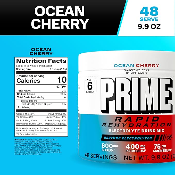 Prime Rapid Rehydration Electrolyte Powder Ocean Cherry Sugar Free Hydration Drink Mix with Sodium Potassium Magnesium &amp B Vitamins to Replenish Fluids Caffeine Free 6 Gallon Tub 48 SRV