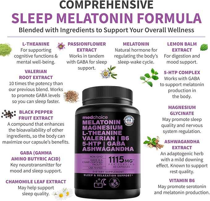 12-in-1 Melatonin Sleep Capsules - Natural Sleep Aids for Adults with Melatonin 5mg and Magnesium Glycinate 500mg Sleep Aid with Ashwagandha L Theanine Valerian Root GABA 5-HTP (90ct Pack of 4)