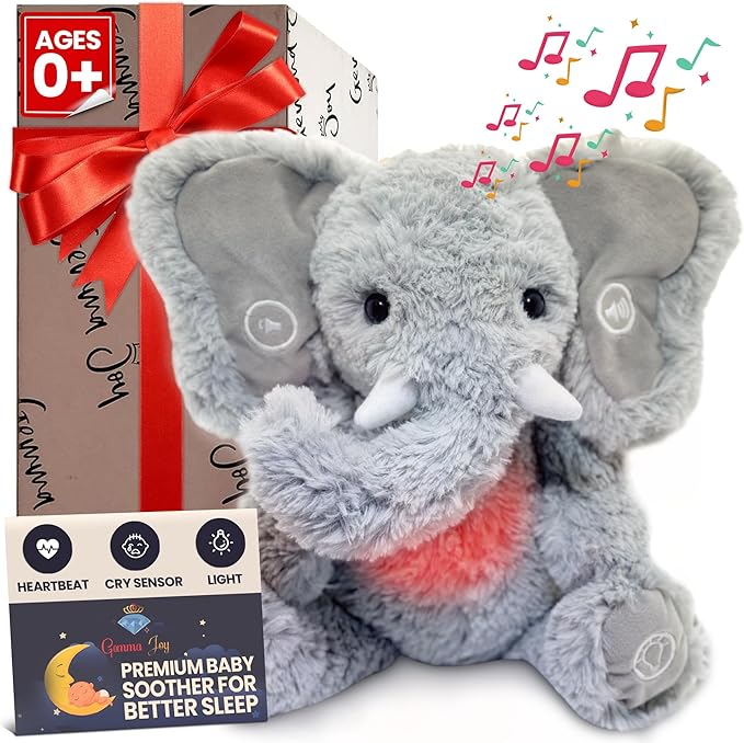 Gemma Joy Bedtime Baby Soothers &amp StickyOnes Sleep Patches - Cry Activated Heartbeat Elephant Plush Toy Stuffed Animal with Calming Light &amp All-Natural No Melatonin Bedtime Patches for Kids