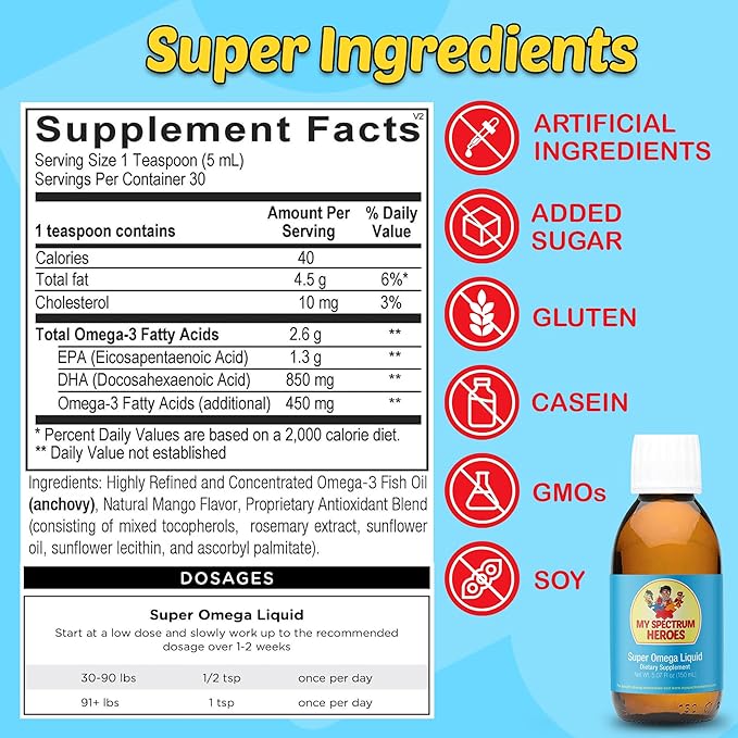 My Spectrum Heroes Fish Oil Supplement for Children - Omega 3 for Neural Assistance Inflammation &amp Immune Aid - EPA &amp DHA for Brain &amp Eye Health - Kids &amp Adult Liquid Supplement - 5.0