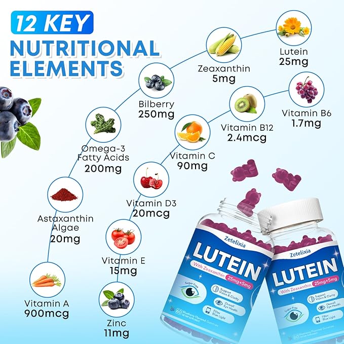 2 Pack Lutein Gummies 12 in 1 Lutein and Zeaxanthin Supplements Eye Vitamins Gummies for Adults Eye Health Supplement with Multiple Vitamin for Promoting Eye &amp Vision - 120 Gummies