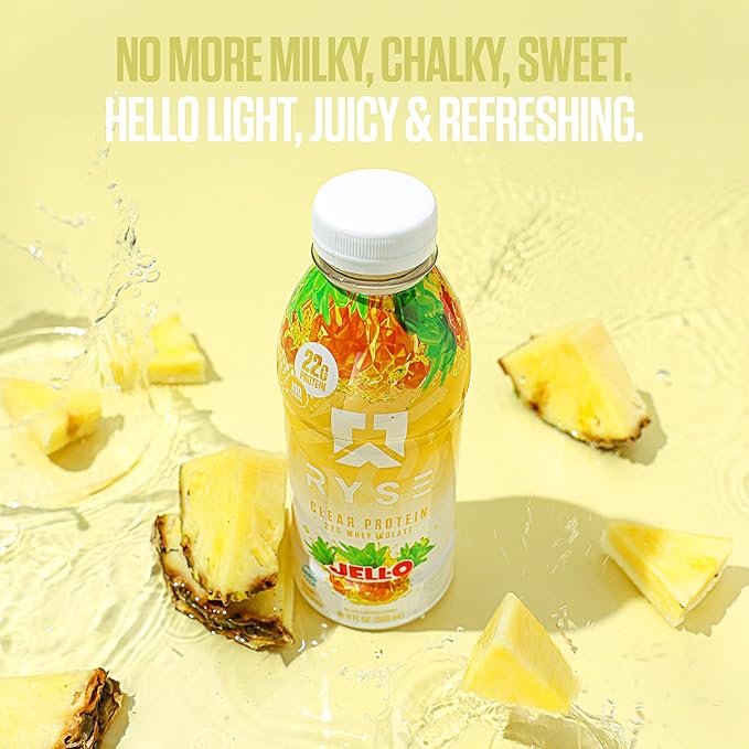 RYSE Clear Protein Drink - Jell-O Island Pineapple - 100 Calories 22g Whey Isolate Protein Shake Sugar-Free 0g Fat &amp Lactose-Free - Refreshing Ready-to-Drink Beverage - 16.9 fl oz Bottles (12-P