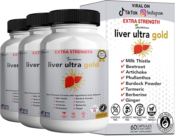 Liver Ultra Gold Extra Strength Supplement 60 Veggie Capsules Natural Liver Support with Milk Thistle Beetroot Artichoke 30 Day Supply (3)