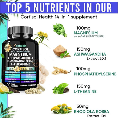 Adndale Cortisol Supplements for Women. Cortisol Reducer 14-in-1 Ashwagandha Supplement with Magnesium Glycinate L-Theanine &amp More. 90 Capsules.
