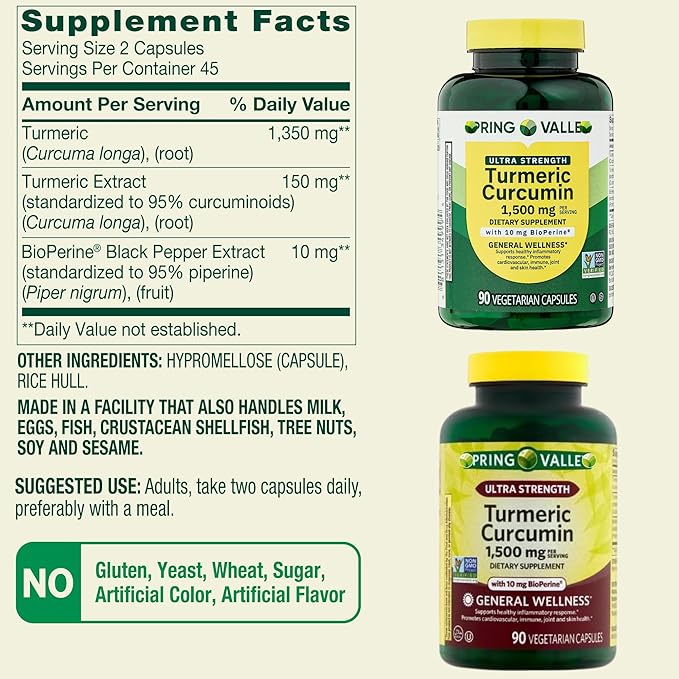 Spring Valley Ultra Strength Turmeric Curcumin 1500 mg with BioPerine 90 Vegetarian Capsules Turmeric Supplement for General Wellness Black Pepper Extract for Absorption