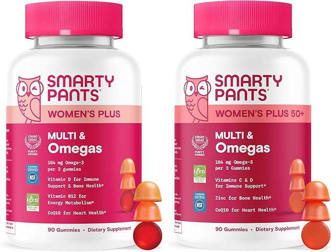 SmartyPants Women’s Complete Wellness Bundle: Multivitamin + Women’s 50+ Gummies with Omega-3 CoQ10 Methylfolate Vitamins D3 B12 C A &amp Zinc – Gluten Free 90 Count Each (2-Pack)