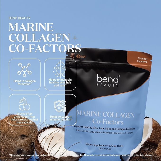 Bend Beauty Marine Collagen + Co-Factors | Coconut Flavored Collagen Powder | Hydrolyzed Collagen Supplement | Fish Collagen Peptides + Silicon + Vitamin C | Supports Healthy Skin Hair and Nails