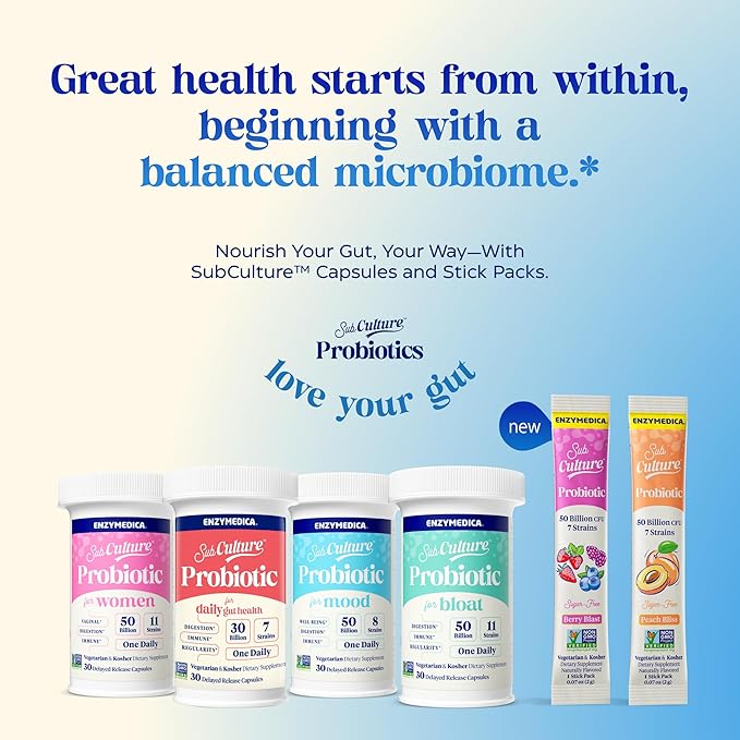 Enzymedica SubCulture Berry Blast Probiotic Powder Daily Drink Supports Gut Health &amp Immune Function Probiotics for Women and Men Sugar-Free 20 Stick Packs