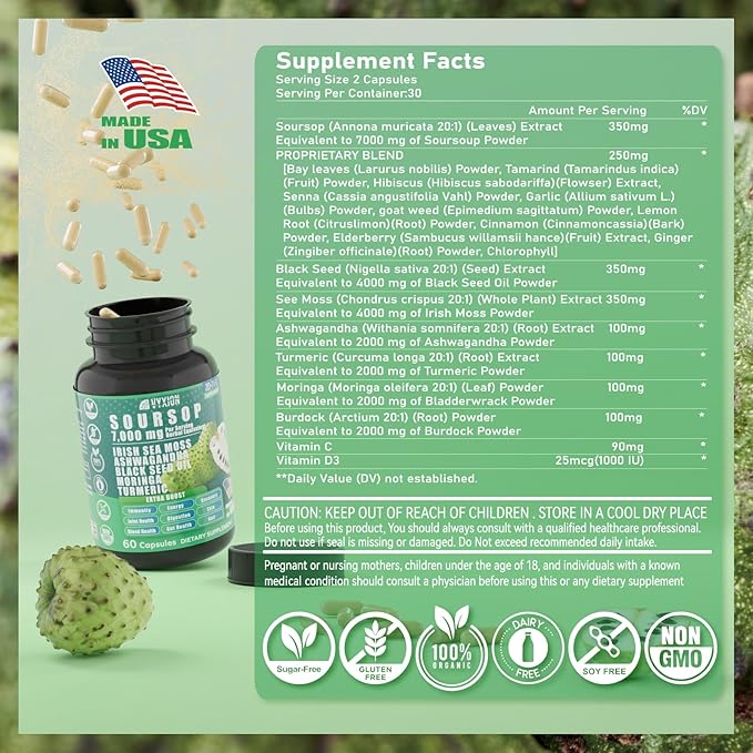 Soursop Graviola Supplement with Sea Moss Moringa Turmeric Black Seed Oil Oregano Ashwagandha | 20-in-One Herbal extracts for Overall Health-Enhancing | Vegan Non-GMO | 60 Capsules