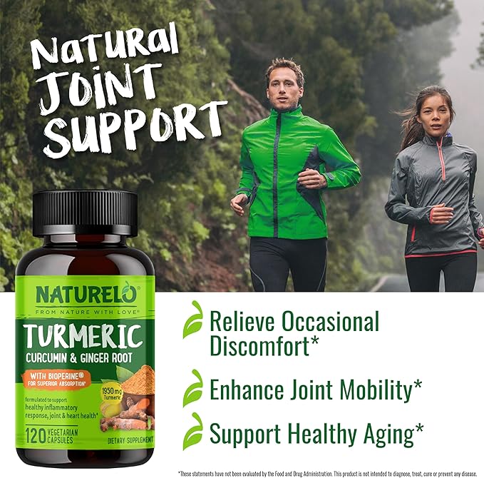 NATURELO Turmeric Curcumin - BioPerine for Better Absorption - Black Pepper Ginger Root Curcuminoids - Plant-Based Joint Discomfort Support - 120 Vegan Capsules