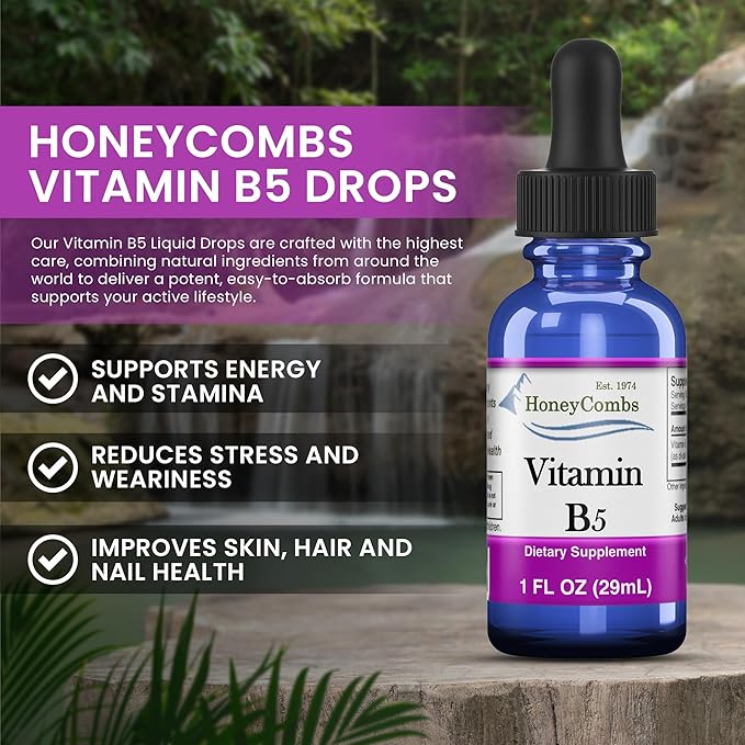 HoneyCombs Vitamin B5 Pantothenic Acid Supplement Liquid Drops - High Potency Vitamin B5 for Men &amp Women - Maintain Healthy Hormones Immune System Hair Skin Nail - Vegan Liquid Vitamins (16 Fl