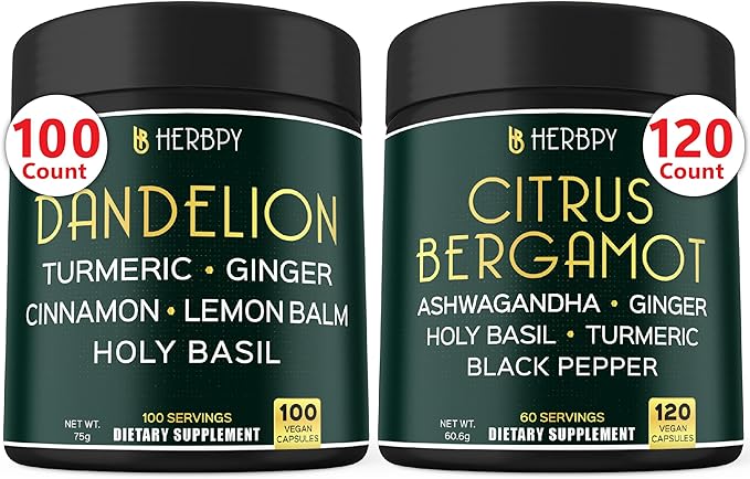 Bundle 6in1 Dandelion Supplement &amp 6in1 Citrus Bergamot Supplement - Support Relaxation Heart Digestion Health and Immune