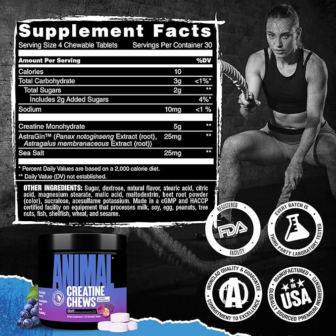 Animal Creatine Chews – 5g Creatine Monohydrate Tablets for Strength Power &amp Training Recovery Support – Enhanced Absorption with AstraGin® – Convenient Chewable Format – 120 Tablets