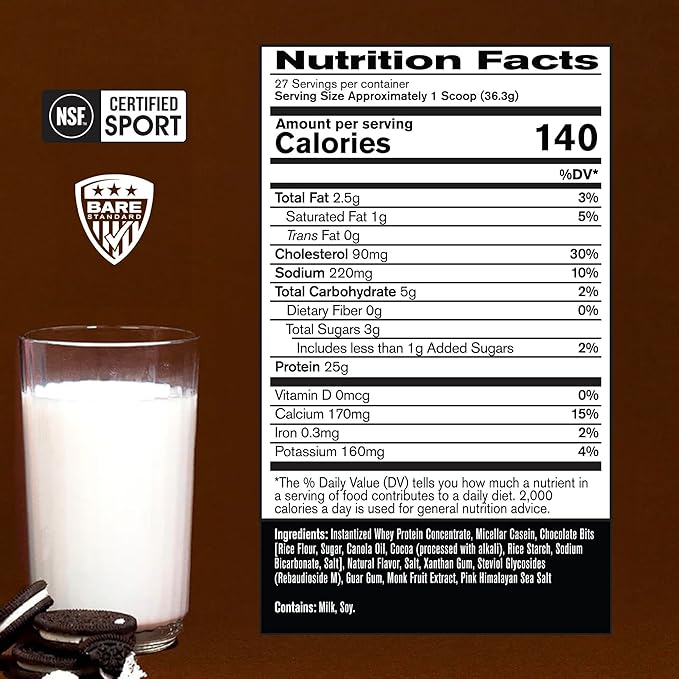 BARE PERFORMANCE NUTRITION BPN Whey Protein + Casein Protein Powder Blend Milk N' Cookies 25g Protein per Serving Supports Lean Muscle Recovery 27 Servings Third Party Tested