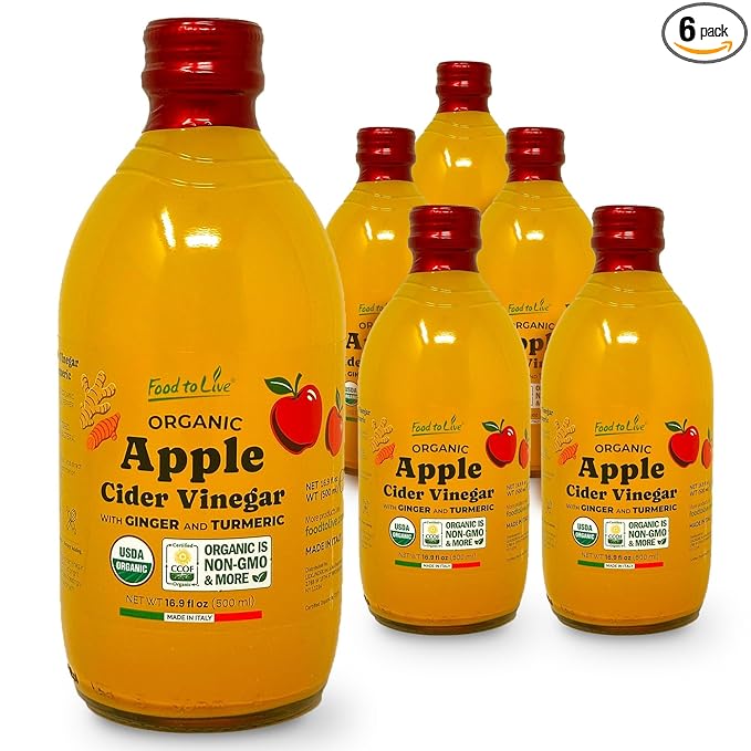 Food To Live Organic Apple Cider Vinegar with Ginger and Turmeric 500 ml – Raw Italian Unfiltered Unpasteurized Non-GMO Vegan Bulk Glass Bottle (Pack of 6)