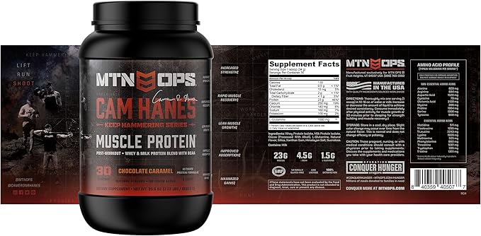 MTN OPS Whey Protein Powder by Cameron Hanes Whey Isolate &amp Concentrate Blend for Muscle Recovery &amp Strength High Protein Shake Chocolate Caramel 30 Servings