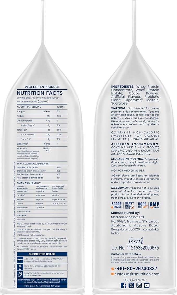 AS-IT-IS Atom Whey Protein 2kg/70.5 Oz With Digestive Enzymes | Usa Labdoor Certified for Accuracy &amp Purity | Double Rich Chocolate Flavor | 27g Protein | 5.7g Bcaaâ