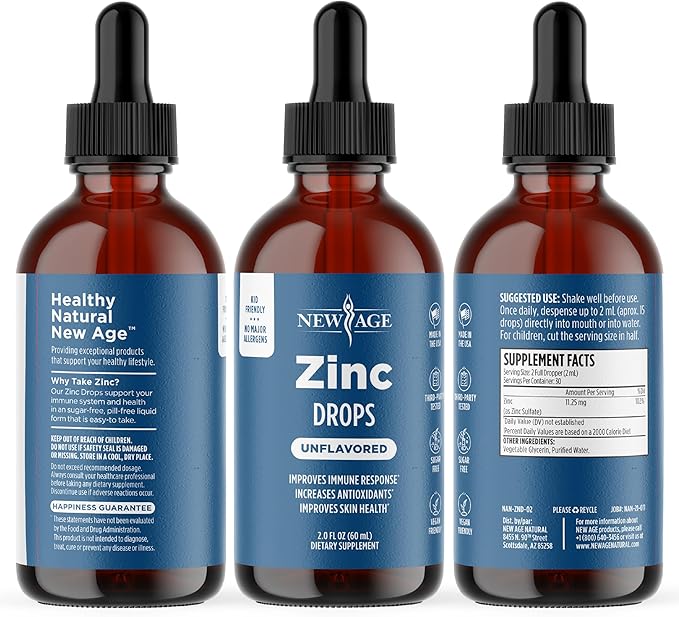 Liquid Zinc Drops for All Ages by NEW AGE - Zinc Sulfate for Immune Support Vegan Non-GMO &amp Gluten Free 120 Day Supply 4-Pack