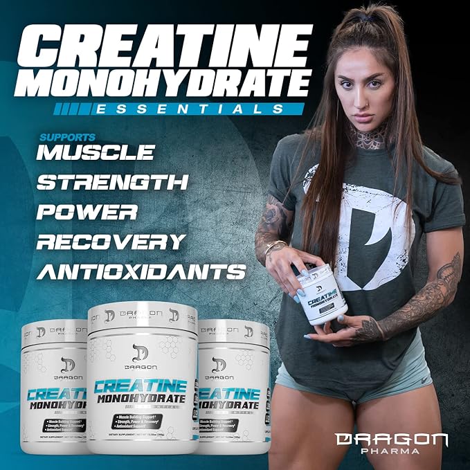 DRAGON PHARMA Creatine Monohydrate Aid Muscle Recovery Post-Workout Supplement Antioxidant Support (60 Servings Unflavored)