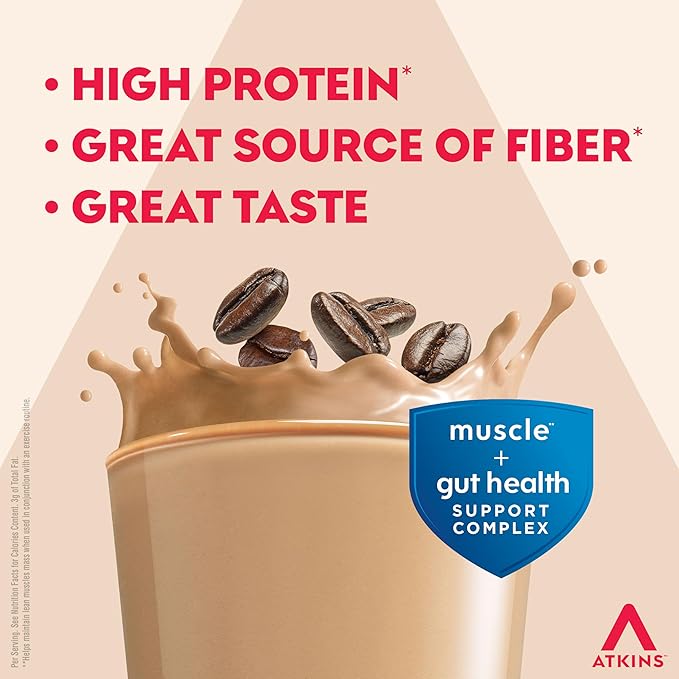 Atkins Strong High Protein Shake Café Latte Flavored 30g Protein 7g Prebiotic Fiber Muscle and Gut Health Support GLP-1 Support Low Carb Coffee Protein Shake Keto Friendly 12 Count
