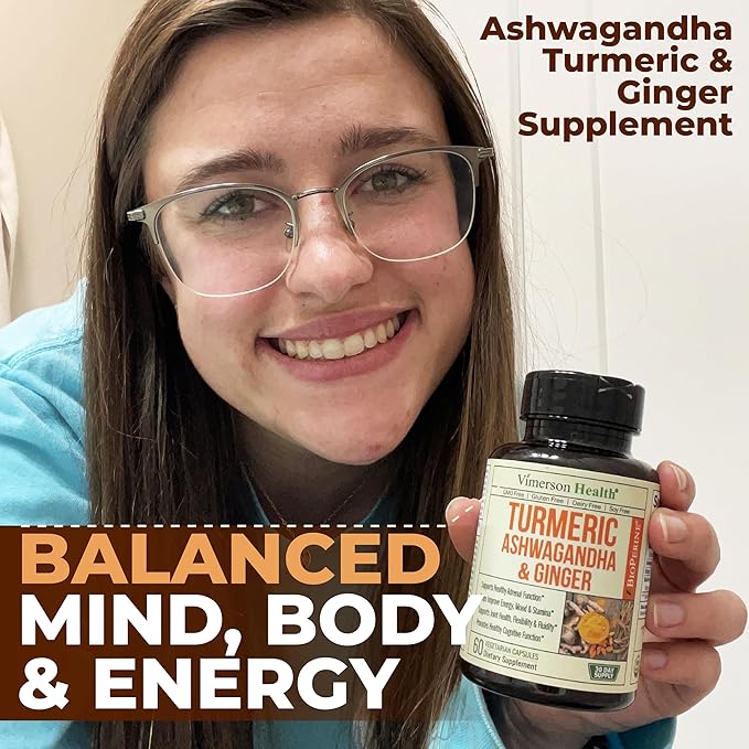 Ashwagandha Organic Turmeric Curcumin Supplement with Ginger Root &amp Black Pepper – Joint Health Energy &amp Immune Support – Antioxidant Blend with 95% Curcuminoids – 60 Capsules