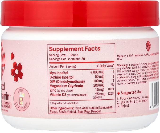 Peach Perfect Inositol Powder Multivitamin Pink Lemonade Flavor – 4g Myo &amp D-Chiro Inositol DIM Zinc Magnesium Glycinate Vitamin D3 – Supports Women’s Health Cycle Energy 30 SVG