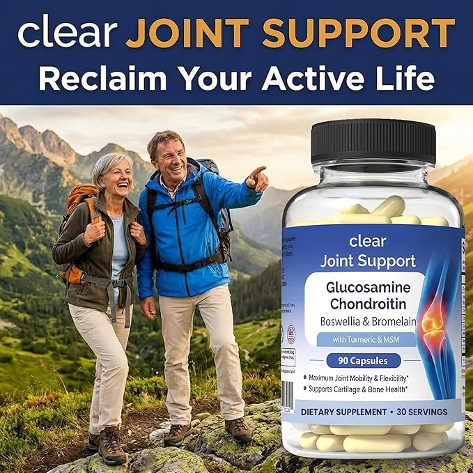 Clear Joint Support - 1500mg Glucosamine Chondroitin MSM - 8 in 1 Joint Health Supplement with Turmeric and Boswellia for Men &amp Women Knee Hip &amp Back Support Made in USA 90 Capsules