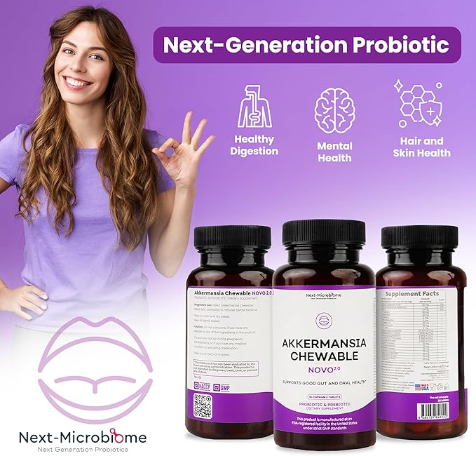 Chewable Akkermansia Probiotic and Prebiotic Supplement NOVO 2.0 with HMO Supports Gut and Oral Microbiome Supplements for Digestive Health and Skin Vitality Targeted Delivery 30 Tablets