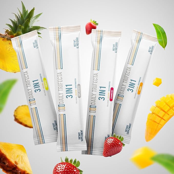 DAILY TRIFECTA 3-in-1 Collagen Creatine &amp Electrolyte Stick Packs | Type I Collagen Creatine Monohydrate Zero Sugar | 30 Natural Single-Serve Packets | Strength Hydration &amp Recovery (Grape