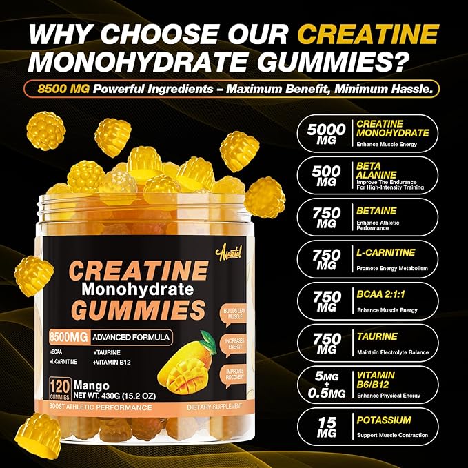 Creatine Monohydrate Gummies 8500 MG for Men and Women Creatine Monohydrate Supplement for Muscle Growth Strength &amp Energy Support Pre Workout Gummies 120 Count Mango Flavor