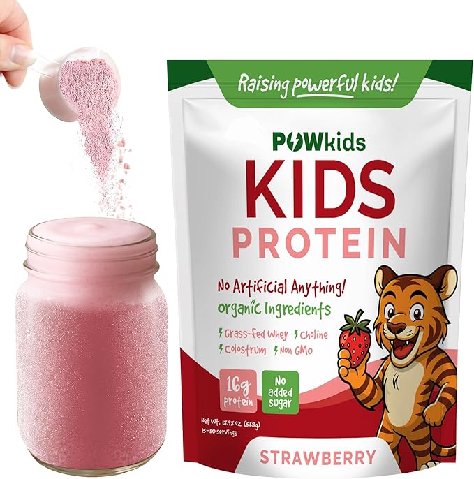 Kids Protein Shake Powder 16g – No Added Sugar Organic Ingredients Grass-Fed Whey Proteins – Calcium &amp Choline for Bone Strength &amp Brain Development Protein Shake – Strawberry