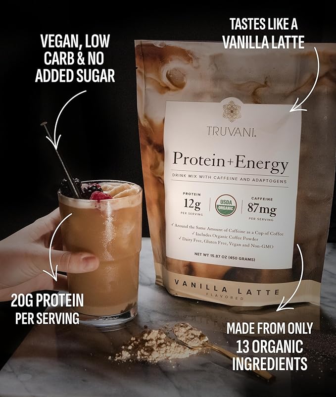 Truvani Protein + Energy Drink Mix with 87mg Caffeine | Vanilla Latte | 12g Organic Plant Based Protein | 20 Servings | USDA Organic Coffee Powder &amp Adaptogens | Gluten &amp Dairy Free | Vegan |